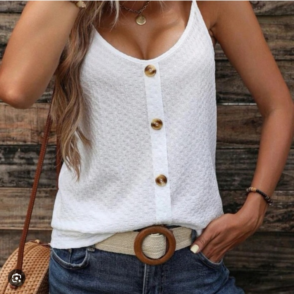 White Sleeveless Buttoned Tank Top